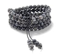Self-Discovery Mala Stretchy Mala Wrist Wrap Bracelet with 108 Healing Labradorite Mala Prayer Beads (Grey with Blue and Black Flecks)