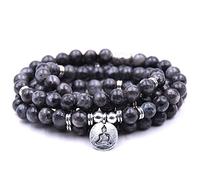 Self-Discovery Natural 108 Mala Beads Bracelet Necklace Meditation Jewelry with Yoga Charm (Labradorite)