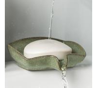 Self Draining Soap Dish, Ceramic Drain Soap Holder Waterfall Design Soap Saver for Shower, Bathroom, Sink, Kitchen and Countertop, Keeps Dry, Green