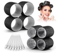 Self Grip Hair Rollers Curlers 16 Pcs Set with 8Pcs Heatless Hair Rollers 2 Sizes (4 Jumbo & 4 Large) and 8 Pcs Hair Clips for Long Medium Short Thick Fine Thin Hair Volume (Black)