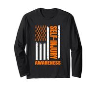 Self-Injury Awareness Orange Ribbon USA Flag Support Message Long Sleeve T-Shirt
