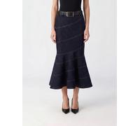 SELF-PORTRAIT Striped Denim Flared Midi Skirt with High Waist and Belt - Size: 10 - female