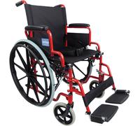 Self Propelled Transit Chair Red Steel Foldable with Armrests Footrest Anti Tip