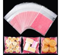Self Seal Small Cellophane Bags OPP Clear Mini Gift & Candy Cookie Bag for Birthday Party (200pc-10 * 10+3cm-Pink Polka Dot)