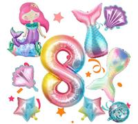 Self-Standing Mermaid Balloons Kit, 20in Shell, Mermaid Tail Balloons, Number 8 Foil Balloon for Girls Happy Birthday Party Decorations Favors.(8th)
