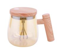 Self Stirring Coffee Mug with Lid Bubbler, 400ml Glass Cup Electric Mixing Frother with Wooden Top, High Borosilicate Glass Maple Wood Grain Handle Self Stirring Cup for Coffee/Milk/Protein Powder