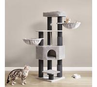 Feandrea Cat Tree for Large Cats, Heavy-Duty Cat Tower with Warm Pads, 2 Self-Groomers, 9 Scratching Posts, Large Perch, Cave, Baskets, 50 x 50 x 160 cm, Dove Grey and Black PCT003W01