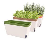 Self Watering Plant Pots, Set of 3 10.5 Inch Rectangular Windowsill Herb Planter Box, Modern Plastic Flower Pots for Indoor Outdoor Garden Office Patio, Planters with Drainage Hole Hidden Tray