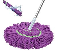 Self-wringing mop for floor cleaning, microfibre floor mop with long handle, easy squeeze twist mop with 128 cm long handle and scrub pad top, vinyl, tiles (purple)