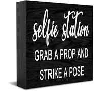 Selfie Station Grab A Prop And Strike A Pose Wooden Box Sign Decorative Funny Office Wood Box Sign Home Office Decor Rustic Farmhouse Square Desk Decor Sign For Shelf 5 X 5 Inches