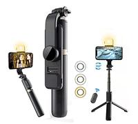 Selfie Stick & Phone Tripod,MQOUNY Updated Portable Selfie Fill Light,Aluminum Alloy All-in-One Professional Travel Tripod with Remote, Compatible with Android/iPhone,Extends to 30" (Black-Golden)