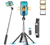 Selfie Stick Tripod Quadrapod with 2 Rechargeable Fill Light, Extendable Tripod with Bluetooth Remote, Stainless Steel, 3 Light Modes, 9 Brightness Levels, Compatible for All iPhone & Android