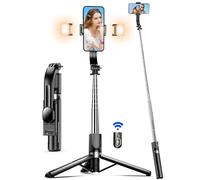 Selfie Stick Tripod with 2 Fill Lights Extra Long 115cm Phone Tripod with Detachable Remote, Cell Phone Holder for Travel, Vlogging, Live Streaming Video and Photos, Compatible with iPhone and Android