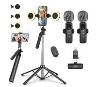 Selfie Stick Vlogging Kit for iPhone/Android, 180cm Selfie Stick with 2 Fills and Wireless Microphone, Mobile Phone Tripod for Smartphone, Tiktok/YouTube Starter Kit