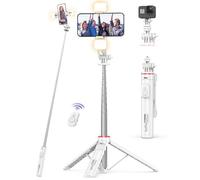 SelfieShow Selfie Stick Tripod with 2 Dimmable Fill Lights, 3 Light Modes & 6 Brightness Levels, Extendable Phone Tripod with Detachable Remote & Phone Holder, Compatible with iPhone 15/14/13/Android