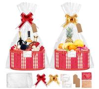 SelfTek 2 Set Empty Hamper Baskets - Red Hamper Baskets for Gifts Empty Woven Bamboo Gift Basket Hamper Kit with Wrap Bags, Raffia and Pull Bows, Cards & Tags Gift Hamper Basket for Easter, Birthday