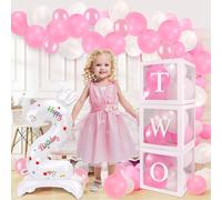 SelfTek 2nd Birthday Decorations for, 3 Pcs Transparent Balloon Boxes with TWO Letters, 32 Inch Number 2 and 24 Pink White Balloons, Balloon Blocks for Two Year Old Birthday Party