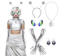 SelfTek 5 Pcs Alien Costume Accessories, Includes Antenna Headband Boppers, Novelty Glasses, Silver Long Gloves, Necklace, Earrings, Alien Dress Kit for Women Halloween Cosplay Space Theme Party