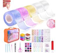 SelfTek 55Pcs Nano Tape Craft Kits for Kids Nano Tape Bubbles Kit with Pump Sequins Glitter Powder Stickers Clay Scissors Tools Double Sided Nano Tape for Making Bubbles Crafts