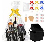 SelfTek 6 Set Gift Basket Hamper Kit, Empty Black Kraft Hamper Basket with Cellophane Bags, Pull Bows, Tags and Greeting Cards, Create Your Own Gift Baskets for Birthday, Christmas, Wedding