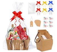 SelfTek 6 Set Gift Basket Hamper Kit, Empty Kraft Hamper Basket with Cellophane Bags, Pull Bows, Tags and Greeting Cards, Create Your Own Gift Baskets for Birthday, Christmas, Wedding