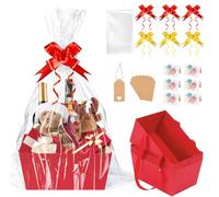 SelfTek 6 Set Gift Basket Hamper Kit, Empty Red Kraft Hamper Basket with Cellophane Bags, Pull Bows, Tags and Greeting Cards, Create Your Own Gift Baskets for Birthday, Christmas, Wedding
