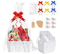 SelfTek 6 Set Gift Basket Hamper Kit, Empty White Kraft Hamper Basket with Cellophane Bags, Pull Bows, Tags and Greeting Cards, Create Your Own Gift Baskets for Birthday, Christmas, Wedding