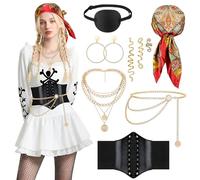 SelfTek 9 Pcs Pirate Costume Accessories Adult Women - Pirate Bandana, Adjustable Corset Belt, Waist Chain, Eye Patch, Necklace, Earrings, Hair Accessories, Fancy Dress for Halloween Party