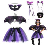 SelfTek Bat Costume for Kids - 6 Pcs Halloween Bat Costumes Includes Wings, Tutu Skirt, Headband, Mask, Magic Wand and Tote Bag Halloween Outfit for Girls Cosplay Party