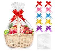 SelfTek Cellophane Wrap for Hampers - 10 Pack 33 x 22 Inches Clear Cellophane Bags Large Hamper Wrapping Bags with Pull Bows for Gift Baskets Making Christmas Easter Presents Packaging