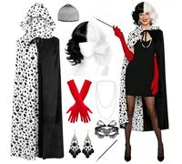 SelfTek Cruella Deville Costume Adult Women for Halloween Cosplay | Cruella Costume Accessories Set, Include Black White Wig, Spotted Cape, Gloves, Mask, Necklace, Earrings, Handheld Prop