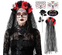 SelfTek Day of the Dead Costumes for Women, Day of the Dead Headband Veil, Face Tattoo, Fake Black Rose and Lace Gloves for Dia De Los Muertos Costume Halloween Sugar Skull Costume Accessories