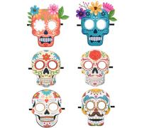 SelfTek Day of the Dead Masks for Adults, 6 PCS Sugar Skull Masks Felt Halloween Masks Dia De Los Muertos Decorations, Adjsutable Cinco De Mayo Headwear for Halloween Party, Theme Party