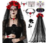 SelfTek Dia De Los Muertos Costume Women's Halloween Carnival | Halloween Costume Women's Day of the Dead Headband and Face Tattoos Veil Face Tattoo Day of the Dead Hair Accessories