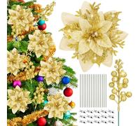 SelfTek Gold Christmas Tree Decorations - 15 Pcs Poinsettia Artificial Flowers and 15 Pcs Glitter Holly Berry Stem for DIY Xmas Tree Christmas Wreath Garland Decorations, Gold