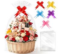 SelfTek Jumbo Cellophane Bags for Hampers - 5 Pcs 125x100cm Extra Large Cellophane Wrap for Hampers Clear Gift Bags Hamper Wrapping Bag with Pull Bows for Gift Basket Hamper Kit