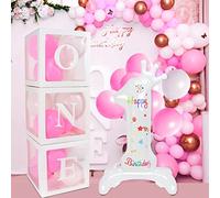 SelfTek ONE Boxes Birthday Decorations, 3 Pcs Transparent Balloon Boxes with ONE Letters, 32 Inch Number 1 and 24 Pink White Balloons, Balloon Blocks for Birthday Party