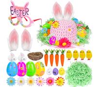 SelfTek Pink Easter Bonnet Kit - Easter Bonnet Hat Making Kit with Straw Hat, Bunny Ears, Glasses, Nest and Eggs, and Many Bonnets Decorations, Make Your Own Straw Hats Crafts Kit