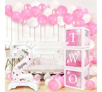 SelfTek TWO Boxes Birthday Decorations, 3 Pcs Transparent Balloon Boxes with TWO Letters, 32 Inch Number 2 and 24 Pink White Balloons