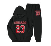 Selfway Kids Unisex Tracksuit Set Chicago Printed Hooded Top And Jogger For Boys Winter Long Sleeves Girls 2PC Pullover Sweatshirt And Trousers Black 7-8 year