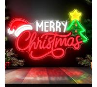 SELICOR Merry Christmas Neon Sign, LED Sign with Xmas Tree and Santa Hat, USB Powered Dimmable Switch for Wall Decor, 11" x 17.6" Art Deco Plastic Sign