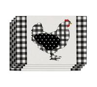 Seliem Chicken Hen PVC Placemats Set of 4, Rooster Black White Buffalo Plaid Check Polka Dots Farm Vinyl Dining Table Place Mats, Farmhouse Rustic Kitchen Decor Home Decoration 12 x 18 Inches