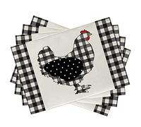 Seliem Farm Chicken Hen Animal Placemats Set of 4, Black White Buffalo Check Plaid Farmhouse Chick Dining Table Place Mats, Spring Summer Country Rustic Kitchen Decor Home Decoration 12 x 18 Inch