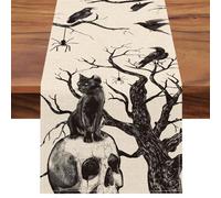 Seliem Halloween Gothic Skull Black Cat Crows Table Runner, Silhouette Tree Branches Spider Kitchen Dining Table Decor, Scary Holiday Home Decoration Indoor Outdoor Party Supply 13 x 90 Inches