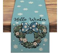 Seliem Hello Winter Wreath Blue Table Runner, Snowflake Poinsettia Cotton Polka Dot Bow Kitchen Dining Table Decor, Christmas Holiday Home Decoration Indoor Outdoor Party Supply 13 x 72 Inches