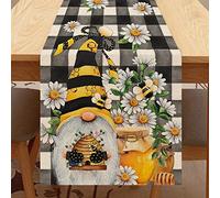 Seliem Spring Bee Gnome Table Runner, Honey Black White Buffalo Plaid Check Home Kitchen Dining Decor, Summer Seasonal Farmhouse Daisy Decorations Indoor Outdoor Anniversary Party Supply 13 x 36 Inch