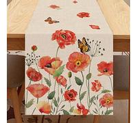 Seliem Spring Red Poppy Flower Table Runner, Watercolor Patriotic Floral Butterfly Home Kitchen Botanical Decor, Memorial Day Summer Seasonal Farmhouse Dining Anniversary Decorations 13 x 72