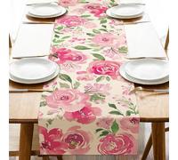 Seliem Spring Summer Watercolor Flower Table Runner, Pink Peony Floral Kitchen Dining Table Decor, Seasonal Burlap Home Decoration Indoor Outdoor Party Supply 13 x 90 Inches