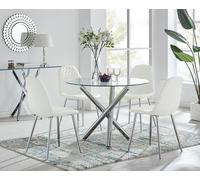 FurnitureboxUK Selina Round Glass Chrome Leg Dining Table & Corona Silver Leg Chairs in Off-White | Size: 4 Person FurnitureboxUK Off-White 4 Person