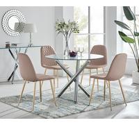 Selina Round Glass Chrome Leg Dining Table and Corona Gold Leg Chairs FurnitureboxUK Beige 4 Person
